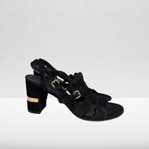 Stuart Weitzman Black Suede Fandangos Strappy Block Heel Sandal Size 9